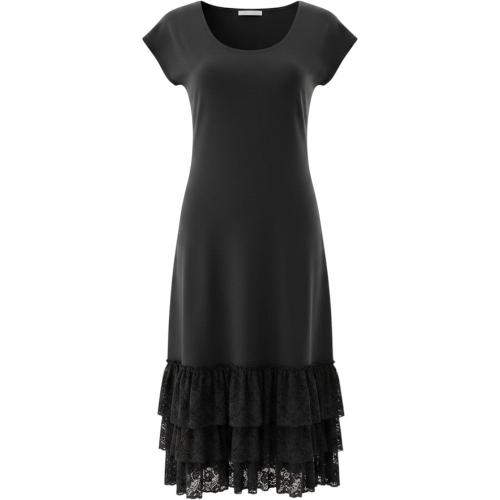 Modbod Black Lace Tiered Ruffle Midi Dress Cap Sleeve Scoop Neck Medium NWT USA